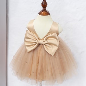 May include: A light brown tulle dress with a large satin bow in the back. The dress is decorated with small pearl-like embellishments.