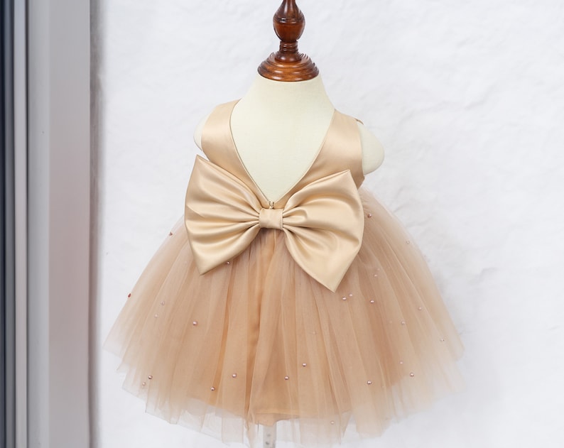 May include: A light brown tulle dress with a large satin bow in the back. The dress is decorated with small pearl-like embellishments.