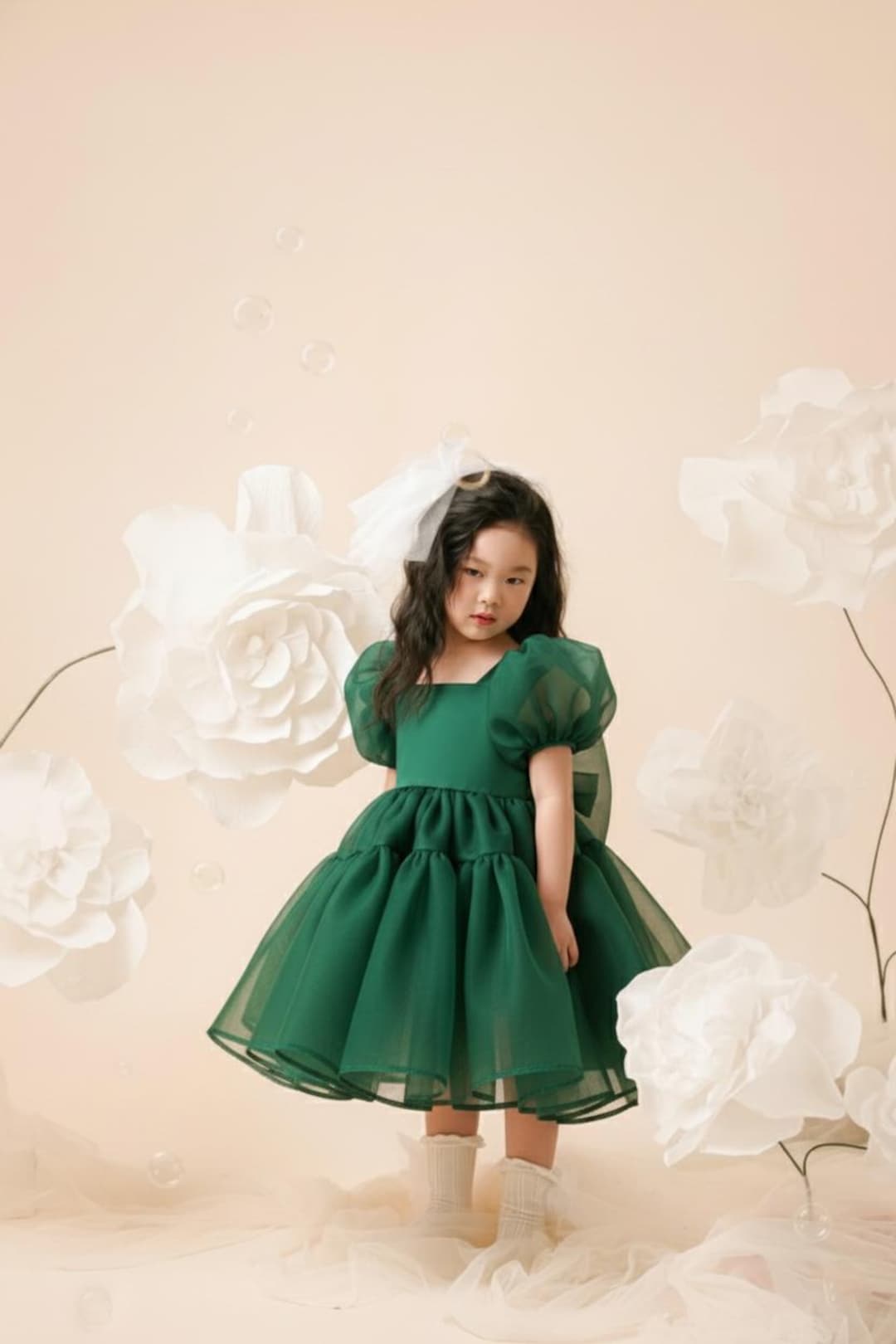 Green Emerald Organza Prom Gown, Special Occasion Baby Dress, Smash Cake Photoshoot, Birthday Toddler Dress, Flower Girl Dress, Puffy Sleeve