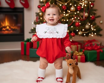 Personalized Christmas Dress & Bubble | Candy Cane With Bows Embroidery | Matching Sister Outfits | Holiday Plaid | Baby Girls Outfit