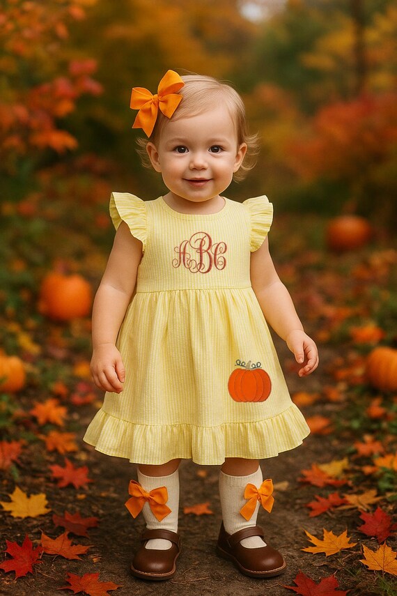 Monogram Pumpkin Dress for Baby Toddler Kids Girls Fall Outfit Pumpkin Patch Halloween Thanksgiving Dress,Girls Seersucker Pumpkin Dress