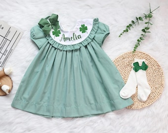 Embroidered Monogrammed Shamrock Dress, Shamrock St. Patrick's Day Dress In Green Gingham, Vintage Style, Baby Girl, Sibling Matching Outfit