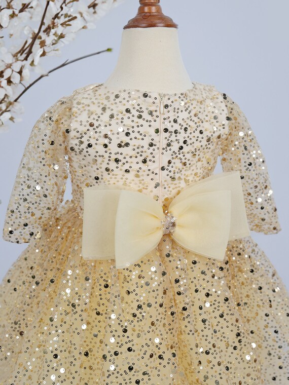 Gold Sequin Ribbon Baby Girl Wedding Dress, Birthday Pearl Stone Tutu Dress, Birthday Outfit, Princess Style Dress, Puffy Dress, Tulle Dress