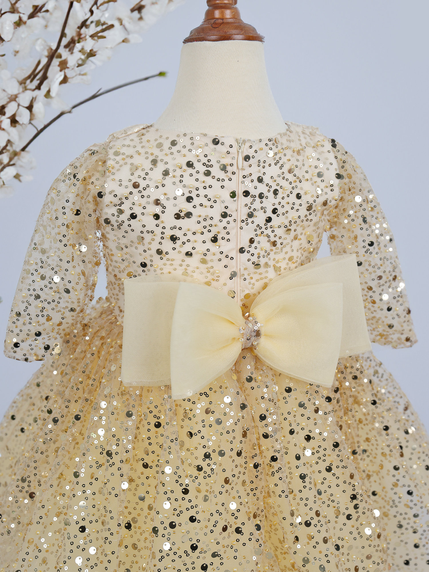 gold sequin dress with bow Premium Sequin Bottom Gold Bow Front Midi Dress Kirsty's Kloset