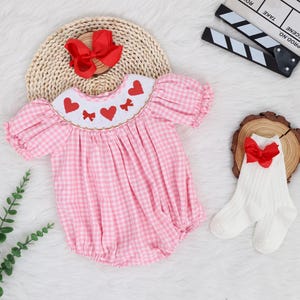 Pink Gingham Smocked Embroidered Sweet Coquette Bows Bubble Outfit, Birthday Romper Bubble, Cute Smocked Romper Sweet One Romper Puff Sleeve