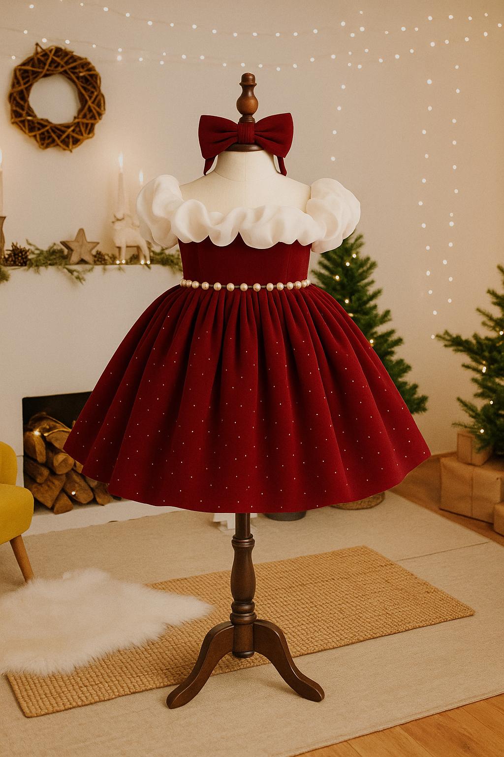 Christmas Elegant Red Sparkly Velvet Puffy Sleeves Winter Birthday Infant Flower Girl,Wedding Girl Dress, Birthday Dress,Winter Outfit
