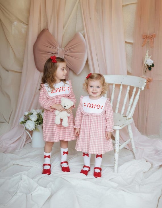 Monogrammed Bishop Bubble,Long Sleeve Pink Gingham Dress,Girls Valentine Romper, Baby Girl,Easter Bubble,Girls Spring Birthday Smocked Dress