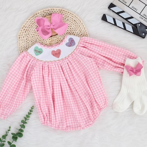 Valentine Smocked Bubble Romper With Heart, Red Hearts on Pink Gingham, Smocked Dress, Baby Girl Valentine Outfit Set, Matching Sibling