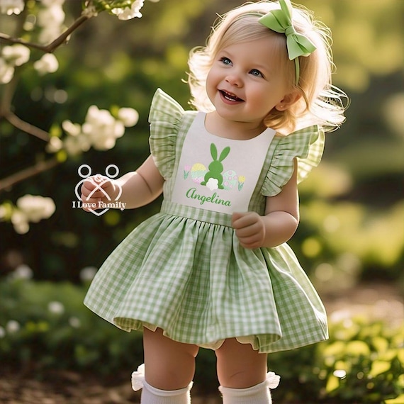 green and white easter dress With Rabbit Embroidery, Girls Dress, Monogrammed Easter Dress, Personalized Dress Toddler Easter Dress Custom Name Bishop Dress GGBS0407