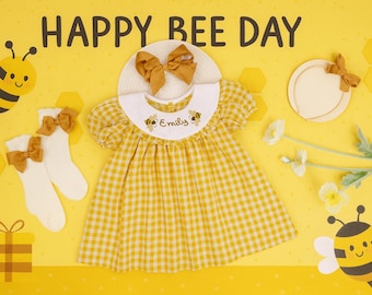 Baby Girls First Bee Day Embroidered Dress, Girls Bumblebee First Birthday Outfit, Bee Embroidered Ruffle Dress, Autumn Outfit