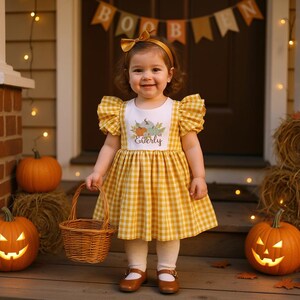 May include: A child in a yellow gingham dress with a pumpkin design and the name "Everly". She wears a matching headband and holds a small wicker basket. Two carved jack-o'-lanterns and pumpkins are visible, with a banner saying "BOO" in the background, creating a Halloween theme.