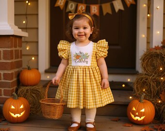 Personalized Smocked Halloween Dress in Orange Gingham with Custom name and Pumpkin,Bishop style, trick or treat, Fall, Halloween,Sibling