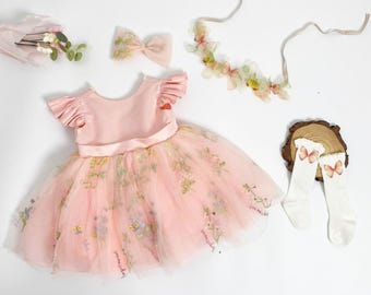 Rosa rubor - El vestido ORIGINAL de tul bordado floral de hadas Rosa Encantada para primavera, mono tutú para niña de las flores, vestido de fiesta para el primer cumpleaños