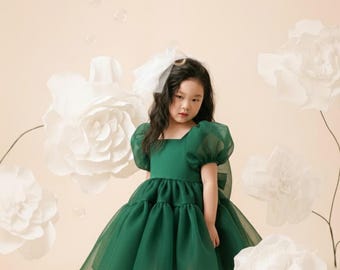 Christmas Elegant Green Sparkly Organza Puffy Sleeves Winter Birthday Infant Flower Girl,Wedding Girl Dress, Birthday Dress,Winter Outfit