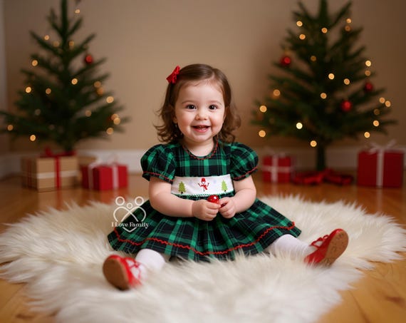 white christmas dresses Green Silk Girls Smocked Dress with Red Ribbons 5