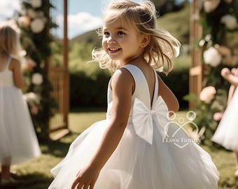 4 Layer Satin Top Tulle Elegant Wedding Winter Communion Baptism Birthday Flower Girl V-Back Knee Length Pageant Infant Toddler Girl Dress