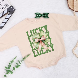 St.Patrick&#39;s Day Girl Outfit, Custom Name Baby Sweater, Shamrock Baby Sweatshirt, Custom Name 4 Leaf Clover Gift, Lucky Charm Baby Romper