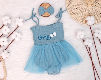 Outfit eerste verjaardag, romper 1e verjaardag, met de hand geborduurde romper, tutu-jurk baby met strikken, outfit smashcake voor babymeisje