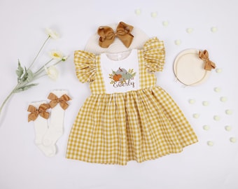 Personalized Smocked Halloween Dress in Orange Gingham with Custom name and Pumpkin,Bishop style, trick or treat, Fall, Halloween,Sibling