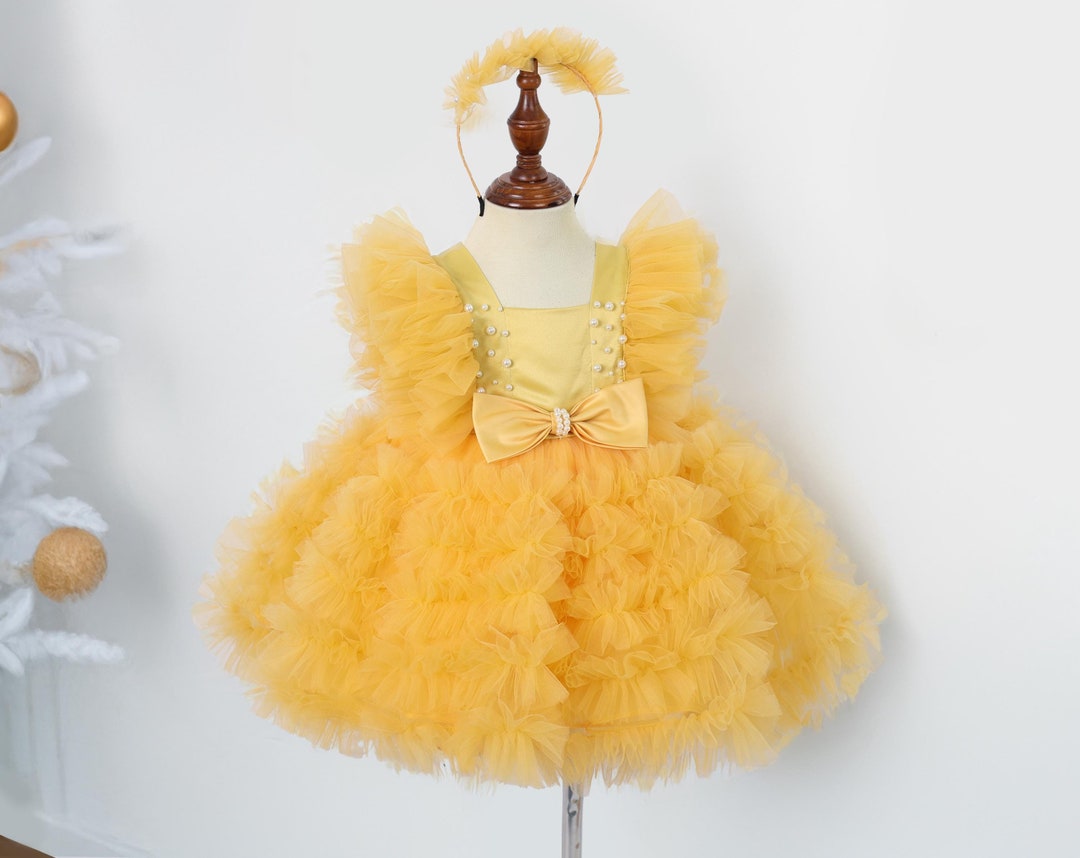 Beautiful Mid-Season Dress For Baby Girl In Terry Stuff Yellow Color main image 0