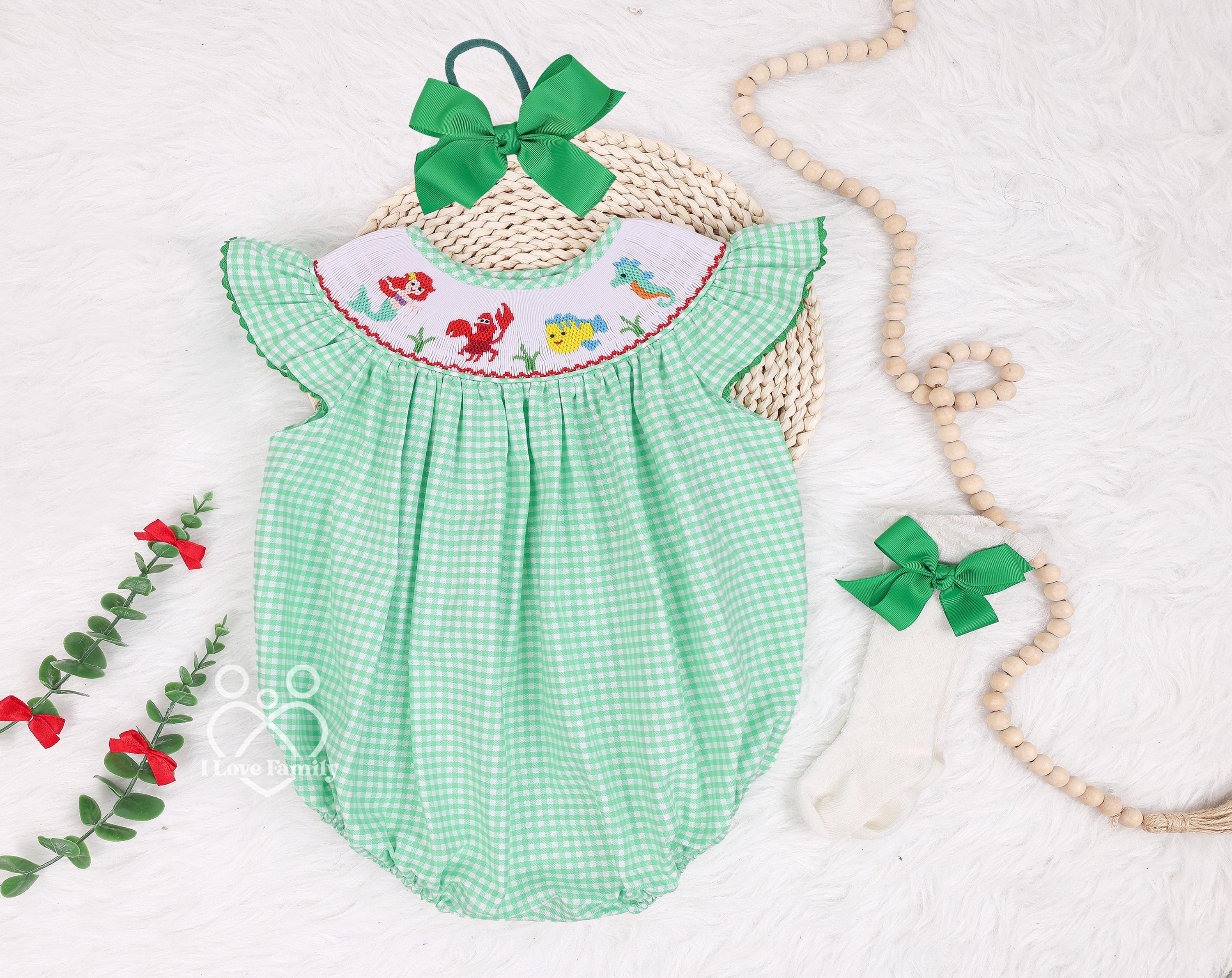 Prinzessin Birthday Hand Smoked Bubble Romper Meerjungfrau Thema Geburtstagsparty, Grün Gingham Kleid, Baby 1st Birthday Outfit Set Baby Geschenkideen