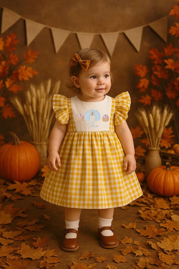 Thanksgiving Turkey Smocked Bubble , Matching Sibling, Puff Sleeves Bubble Romper, Baby Girl Heirloom Dress Gift Cute Fall Earth Tone Outfit