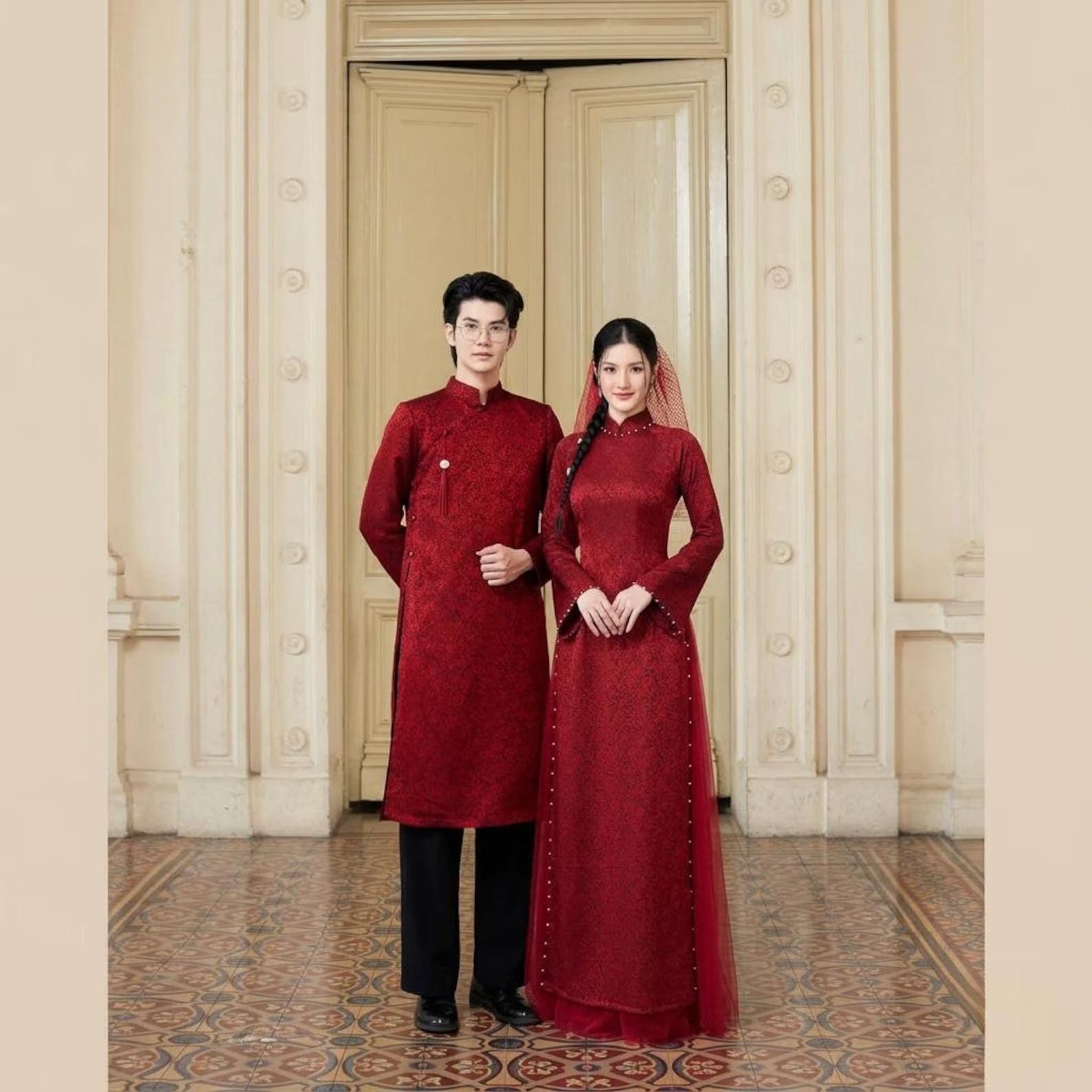 vietnamese engagement dress Dark Green A-Line V-Neck Long Sleeves Sweep Train Long Prom Dress –  Simidress main image 1