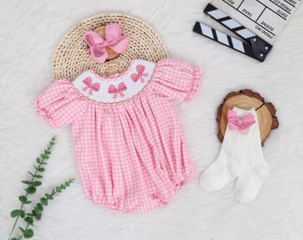 Birthday Pink Romper With Bow, Smocked Bubble Romper,Birthday Party Dress, Baby Girl Birthday Outfit Set, Baby First Birthday, Birthday Gift