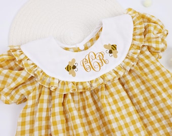 Baby Girls First Bee Day Embroidered Dress, Girls Bumblebee First Birthday Outfit, Bee Embroidered Ruffle Dress, Autumn Outfit