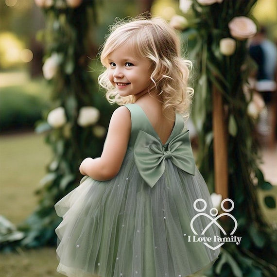 sage green toddler dress Knee Length Tulle Elegant V-back Pearl Wedding Flower Girl Wedding Guest Church Summer Big Bow Infant Junior Bridemaid sage green junior bridesmaid dresses