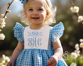 Coquette Monogram Dress Bishop Style Gingham Dress For Baby Toddler Kids Gift Preppy Grandmillennial Floral Embroidery Spring Summer Dress