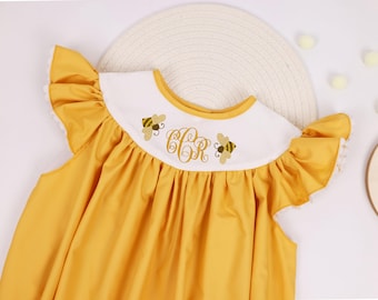 Baby Girls First Bee Day Embroidered Romper - Girls Bumblebee First Birthday Outfit - Summer Bee Embroidered Ruffle Dress - Muslin Bubble