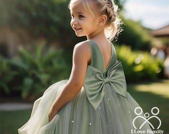 Knee Length Sage Green Tulle Elegant V-Back Pearl Wedding Flower Girl Wedding Guest Church Summer Big Bow Infant Toddler Junior Bridemaid