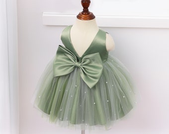 Knee Length Sage Tulle Elegant V-Back Pearl Wedding Flower Girl Birthday Trendy Church Summer Fall Big Bow Infant Toddler Junior Bridemaid