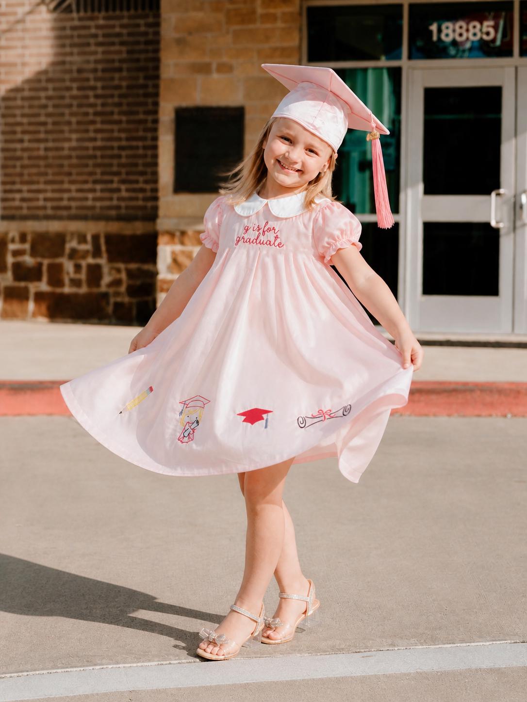 Personalized Graduation Dress for Girl,Preschool Pre-K TK Kindergarten Grad Outfit,Embroidered Cap, Diploma,G is for Graduate School Dress