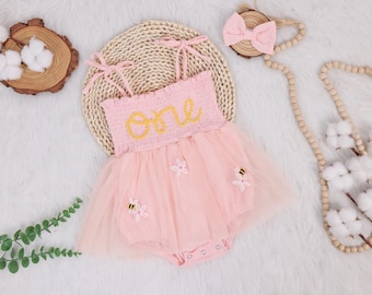 Girls First Bee Day Birthday ONE Romper Dress First Birthday Outfit, 1st Bee Birthday Tutu Romper, Hand Embroidered Girls Summer Birthday