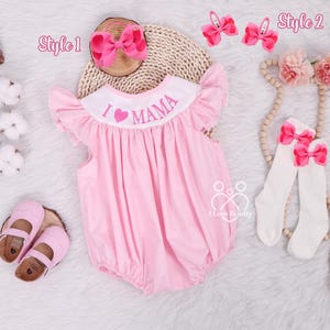 Embroidered I Love Mama Baby Girl Romper in Pink, I Love Mama, Mama’s Mini, Best Mom Ever, Sweet One Dress, Birthday Girl, Summer Outfit