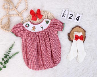 Personalized Red Christmas Bubble and Romper, Smocked Christmas Romper, Smocked Christmas With Gingerbread Wreath Candy Cane Christmas Tree