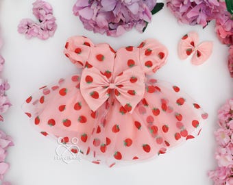FLUFFY BABY DRESS | Red Flower Strawberry Sequin Baby Dresses | Baby Birthday Outfit | Gift For Baby Girls | Fruit Print Elegant Baby Dress