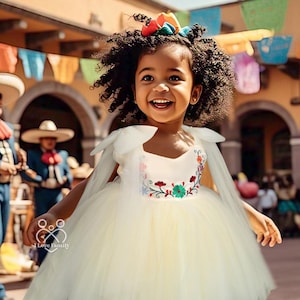 Vestido de tule tradicional mexicano para meninas | Vestido Chanelito bordado boho | Sessão de fotos de meninas em estilo étnico - Primavera Mexicana 5 de maio