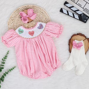 Pink Gingham Smocked Embroidered Sweet Coquette Bows Bubble Outfit, Birthday Romper Bubble, Cute Smocked Romper Sweet One Romper Puff Sleeve