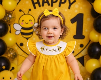 Primer día de las abejas UNO Traje de primer cumpleaños para niña, mono de burbujas fruncido Traje de cumpleaños de otoño para niña Bebés 1er cumpleaños Primer día de las abejas