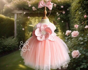 Vestido de tutú rosa ruborizado para niña, vestido de primer cumpleaños rosa empolvado, disfraz de Pascua para niña, vestido elegante para fotos, mini vestido bohemio de dama de honor.