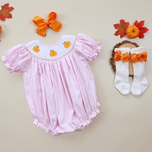 Halloween Romper, Smocked Pumpkin Bubble in Pink with Ghost Pumpkin Spider,Toddler Girls Clothing, Heirloom, Embroidered Romper,Thanksgiving