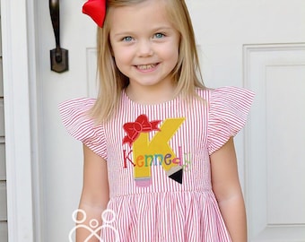 Back To School Pencil Dress Monogram Pencil Bow Dress First Day Of School Outfit Seersucker School Dress Preschool Dress, Kindergarten Pre K