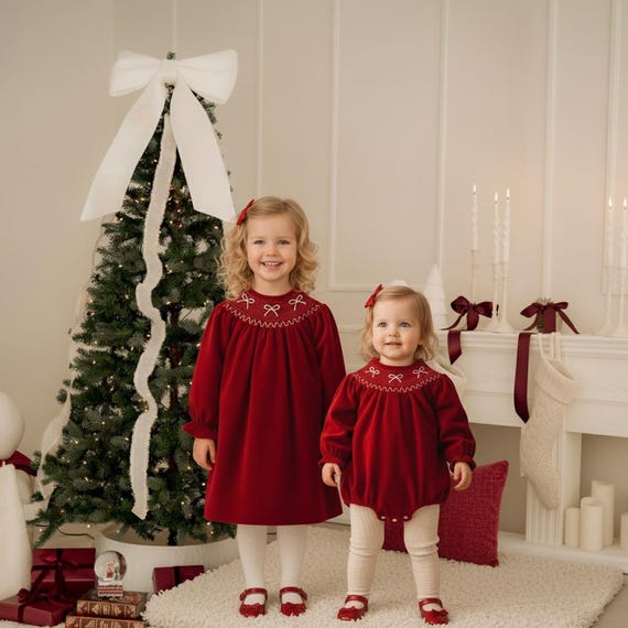princess polly baby blue dress Christmas Red Velvet Smock Bow Baby Girl Dress, Holiday Toddler Dress, Girl Long Sleeve Dress, Christmas Girl Dress, Winter Outfit, Sibling