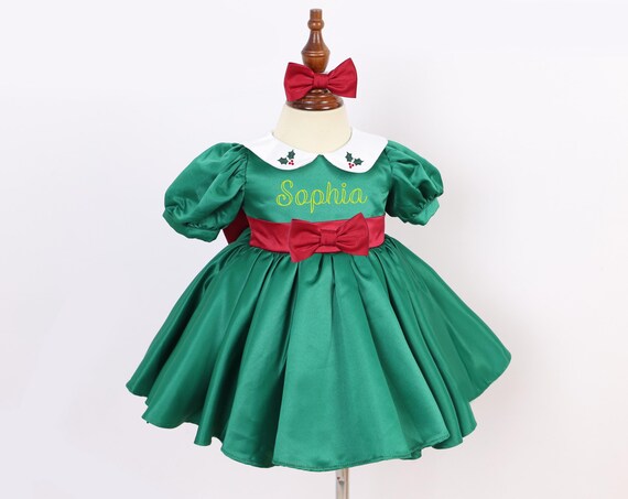 Personalized Name Christmas Dress, Embroidered Monogrammed Holly Jolly Christmas Baby Girl Dress, Christmas Satin Dress for Toddler Girls