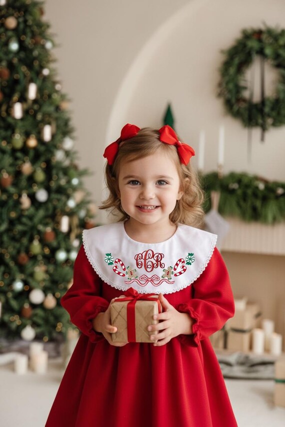 Personalized Red Christmas Dress Bubble Romper Xmas Gingerbread Wreath Candy Cane Christmas Tree Sibling Matching Family Photoshoot
