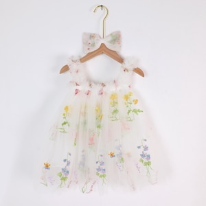 フラワーガールロンパーチュチュフラワー、オリジナルのエンチャンテッドローズフェアリーフローラルスプリング刺繍チュールドレス、ハロウィンドレス、フローラルドレス