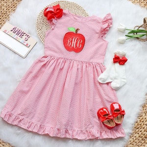 Red Dress, 1st Day Of School Dress - Kindergarten Monogram Dress, Girls Back To School Dress , Personalized Dress Little Girl, Apple Dress